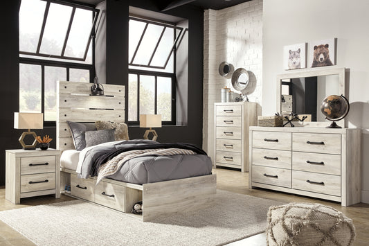 Cambeck Twin Panel Bed with 2 Storage Drawers with Mirrored Dresser, Chest and Nightstand
