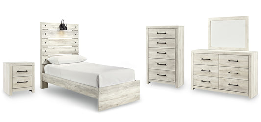 Cambeck Twin Panel Bed with Mirrored Dresser, Chest and Nightstand