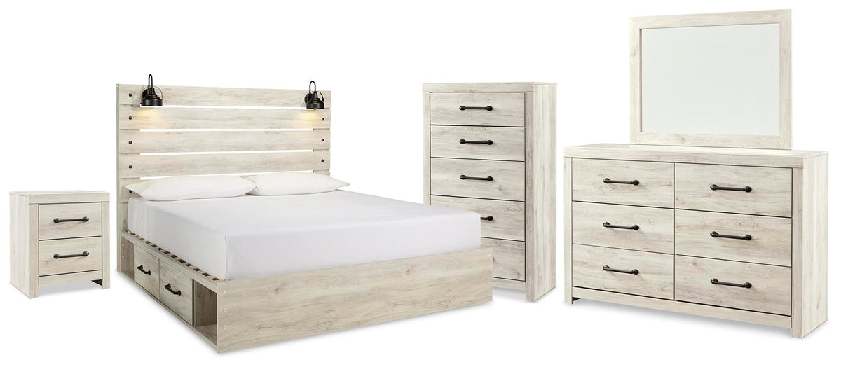 Cambeck King Panel Bed with 2 Storage Drawers with Mirrored Dresser, Chest and Nightstand