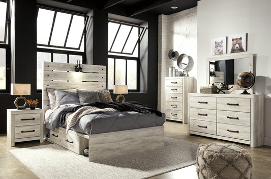 Cambeck Full Panel Bed with 2 Storage Drawers with Mirrored Dresser, Chest and Nightstand
