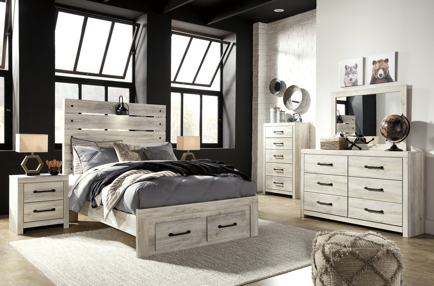 Cambeck Full Panel Bed with 2 Storage Drawers with Mirrored Dresser, Chest and Nightstand