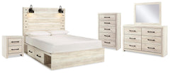 Cambeck Queen Panel Bed with 4 Storage Drawers with Mirrored Dresser, Chest and Nightstand