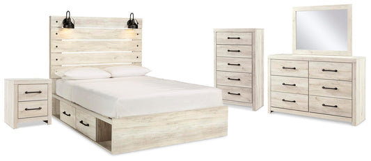 Cambeck Queen Panel Bed with 4 Storage Drawers with Mirrored Dresser, Chest and Nightstand