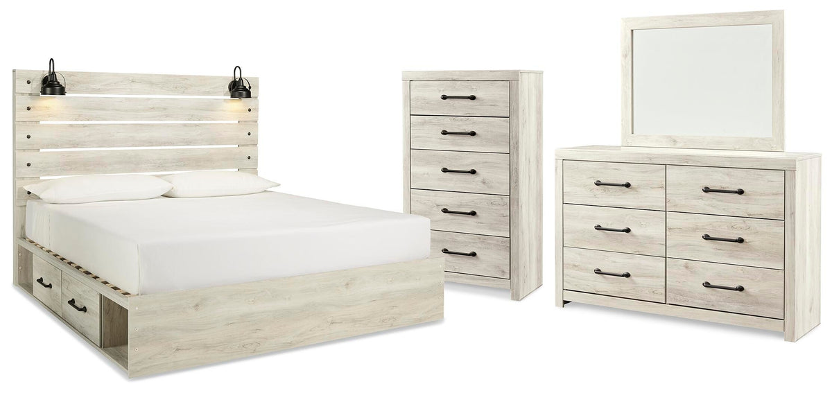 Cambeck Queen Panel Bed with 4 Storage Drawers with Mirrored Dresser and Chest