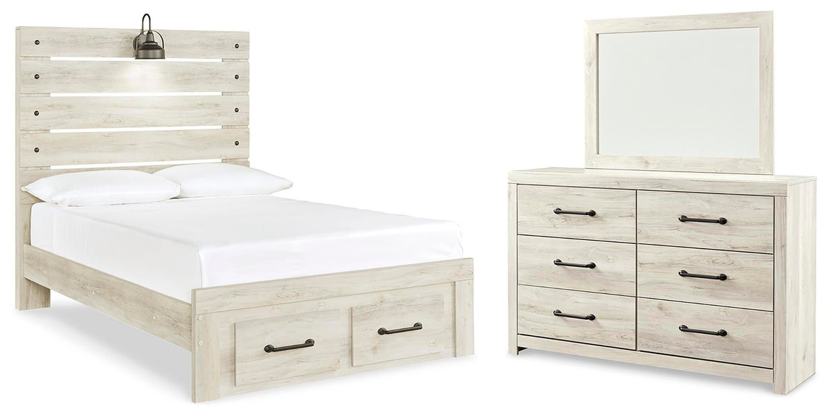 Cambeck Full Panel Bed with 2 Storage Drawers with Mirrored Dresser