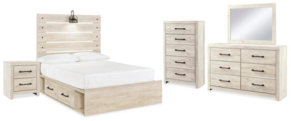 Cambeck Full Panel Bed with 2 Storage Drawers with Mirrored Dresser, Chest and Nightstand