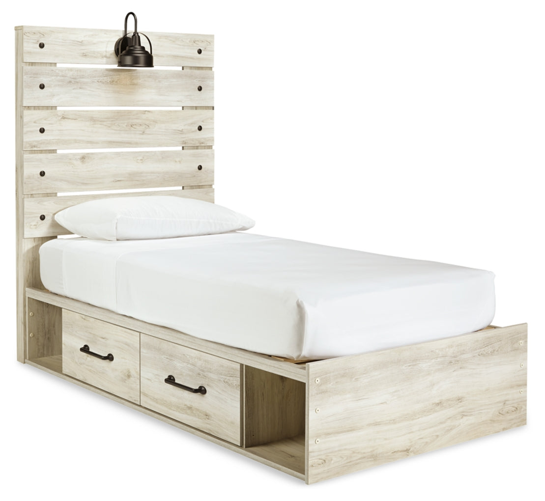 Cambeck Twin Panel Bed with 2 Storage Drawers with Mirrored Dresser, Chest and Nightstand