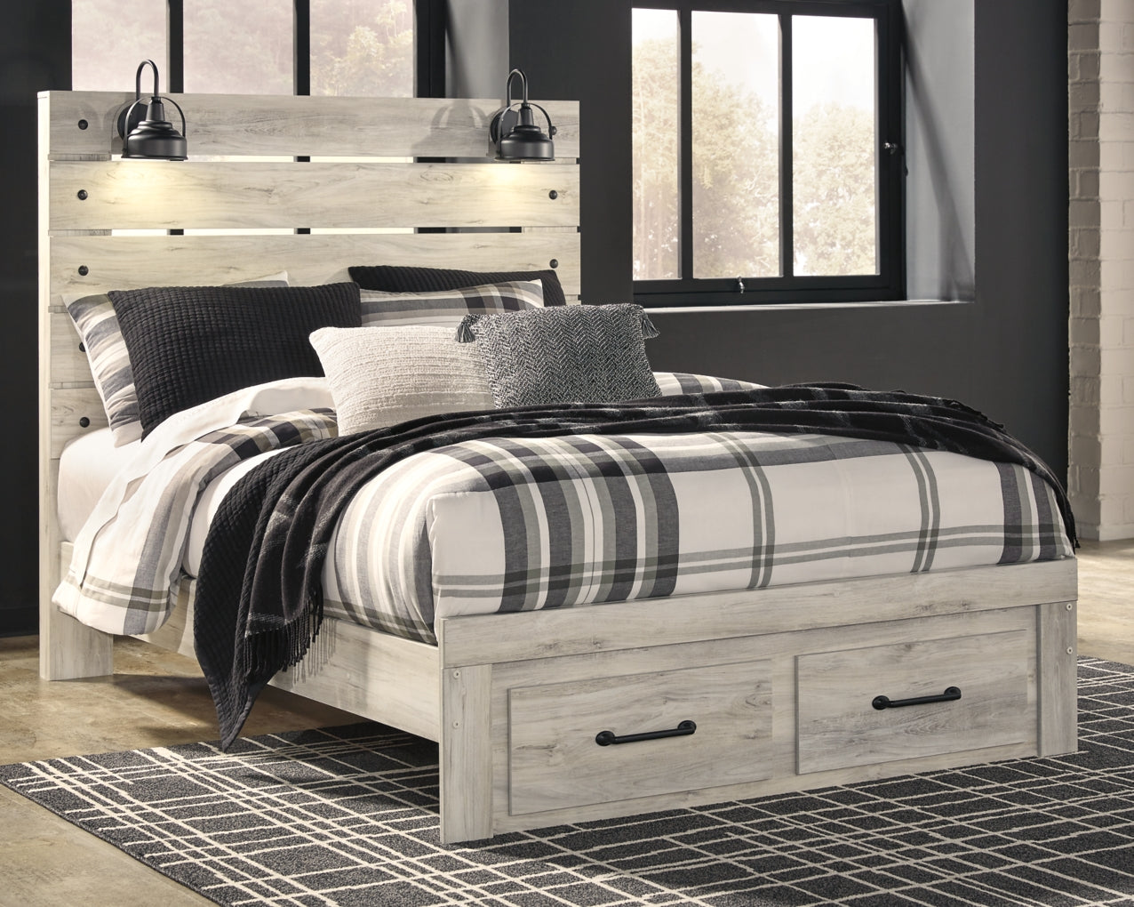 Cambeck Queen Panel Bed with 2 Storage Drawers with Mirrored Dresser and Chest