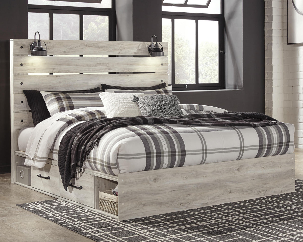 Cambeck Queen Panel Bed with 4 Storage Drawers with Mirrored Dresser and Chest