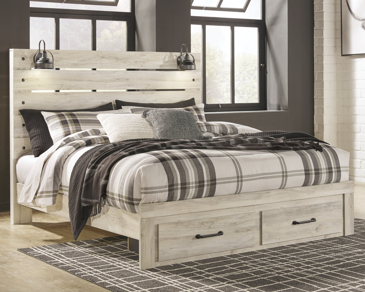 Cambeck King Panel Bed with 2 Storage Drawers with Mirrored Dresser and Chest