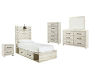Cambeck Twin Panel Bed with 2 Storage Drawers with Mirrored Dresser, Chest and Nightstand