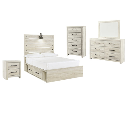 Cambeck Full Panel Bed with 2 Storage Drawers with Mirrored Dresser, Chest and Nightstand