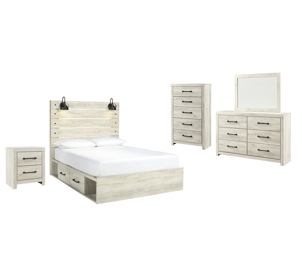 Cambeck Queen Panel Bed with 2 Storage Drawers with Mirrored Dresser, Chest and Nightstand