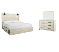Cambeck King Panel Bed with 2 Storage Drawers with Mirrored Dresser