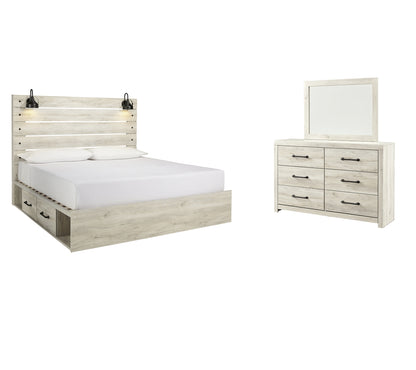 Cambeck King Panel Bed with 2 Storage Drawers with Mirrored Dresser