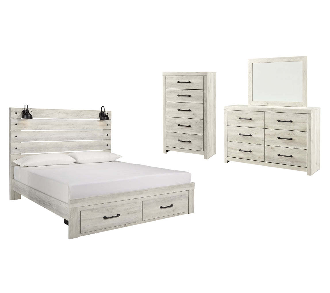 Cambeck King Panel Bed with 2 Storage Drawers with Mirrored Dresser and Chest