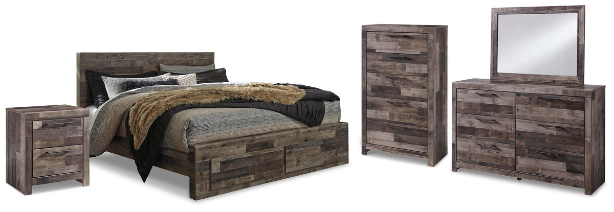 Derekson King Panel Bed with 2 Storage Drawers with Mirrored Dresser, Chest and Nightstand