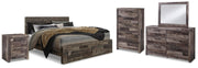 Derekson King Panel Bed with 2 Storage Drawers with Mirrored Dresser, Chest and Nightstand