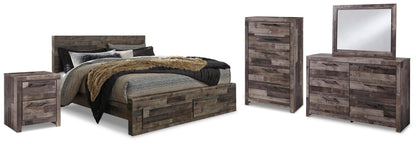 Derekson King Panel Bed with 2 Storage Drawers with Mirrored Dresser, Chest and Nightstand