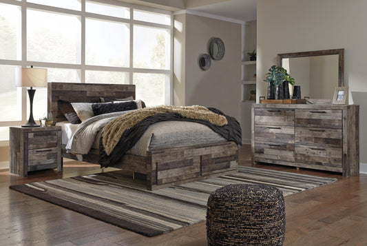 Derekson Queen Panel Bed with 2 Storage Drawers with Mirrored Dresser, Chest and Nightstand