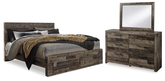 Derekson King Panel Bed with 2 Storage Drawers with Mirrored Dresser