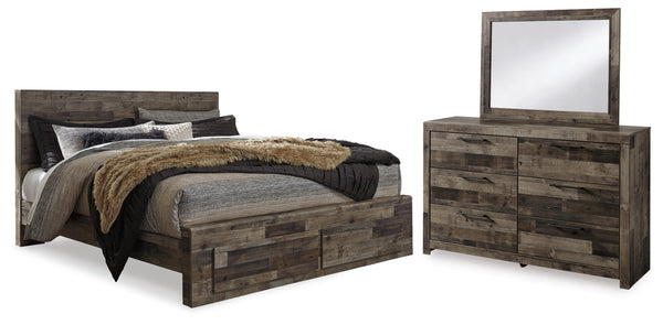 Derekson King Panel Bed with 2 Storage Drawers with Mirrored Dresser