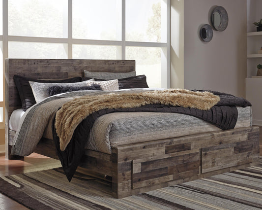 Derekson King Panel Bed with 2 Storage Drawers with Mirrored Dresser