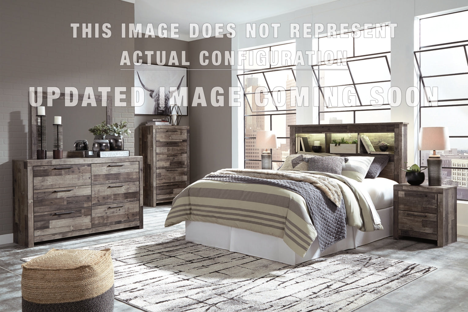 Derekson Queen Panel Bed with 2 Side Storage, Dresser, Mirror and Nightstand