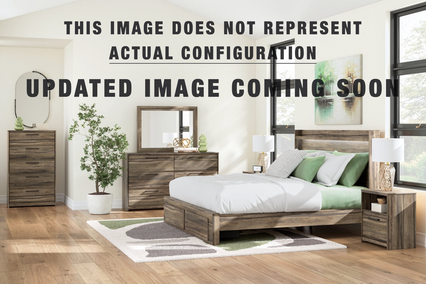 Elbrim King Panel Storage Bed, Dresser, Mirror, Chest and Nightstand