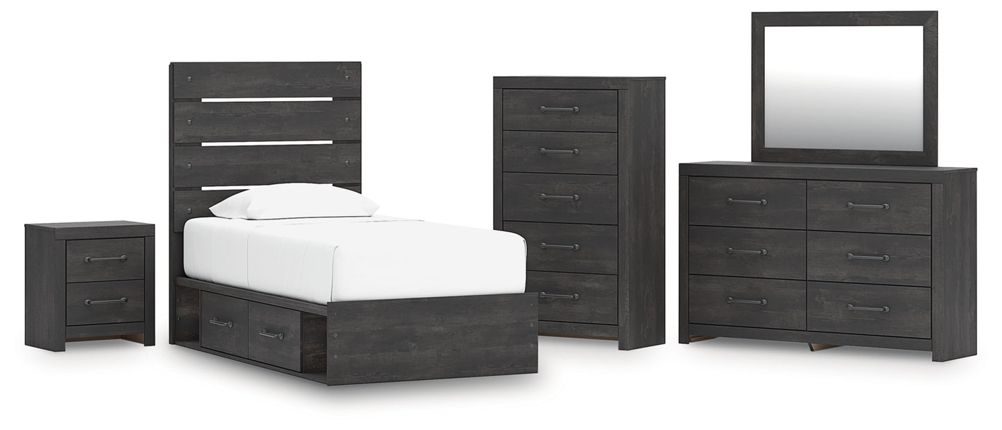 Hollivern Twin Panel Bed with Storage, Dresser, Mirror, Chest and Nightstand