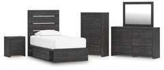 Hollivern Twin Panel Bed with Storage, Dresser, Mirror, Chest and Nightstand