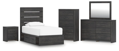 Hollivern Twin Panel Bed with Storage, Dresser, Mirror, Chest and Nightstand