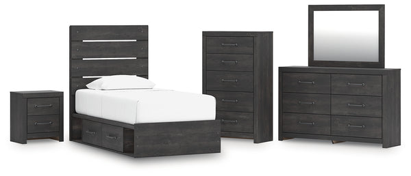 Hollivern Twin Panel Bed with Storage, Dresser, Mirror, Chest and Nightstand