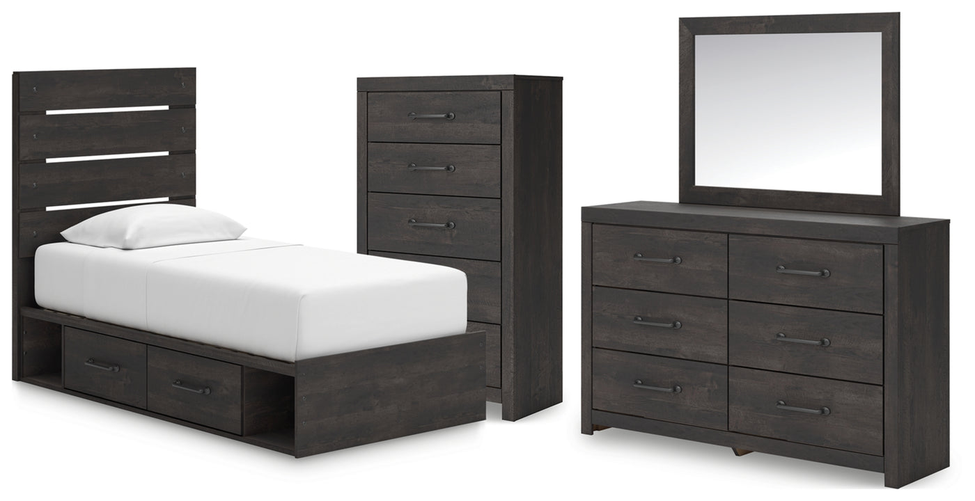 Hollivern Twin Panel Bed with Storage, Dresser, Mirror and Chest