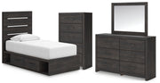 Hollivern Twin Panel Bed with Storage, Dresser, Mirror and Chest