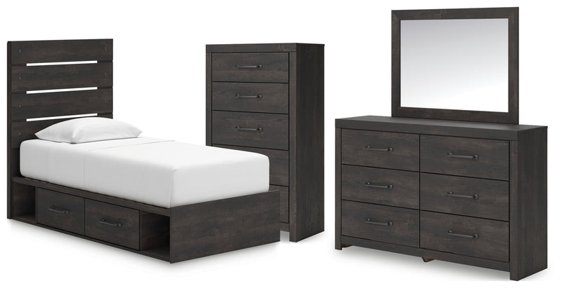 Hollivern Twin Panel Bed with Storage, Dresser, Mirror and Chest