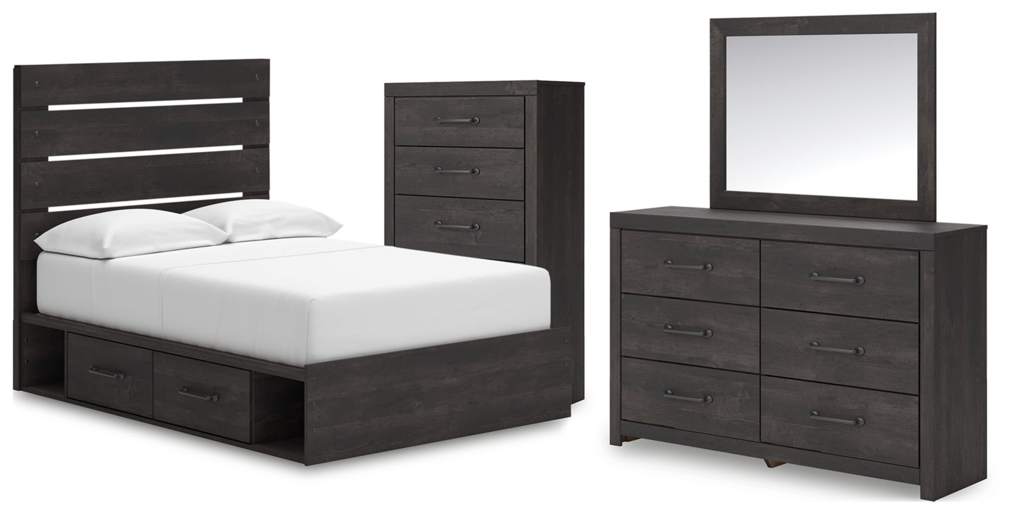 Hollivern Full Panel Bed with Storage, Dresser, Mirror and Chest