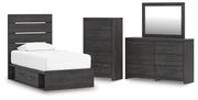 Hollivern Twin Panel Storage Bed, Dresser, Mirror and Chest