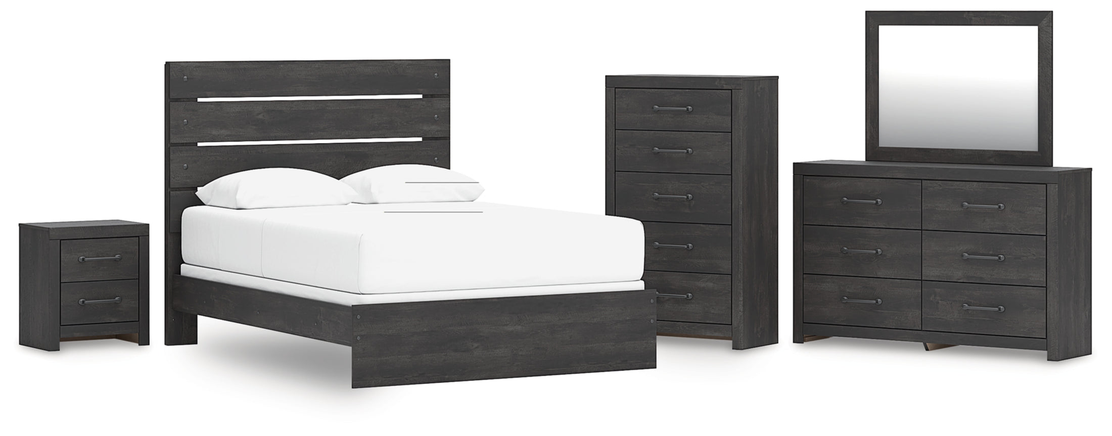 Hollivern Queen Panel Bed, Dresser, Mirror, Chest and Nightstand