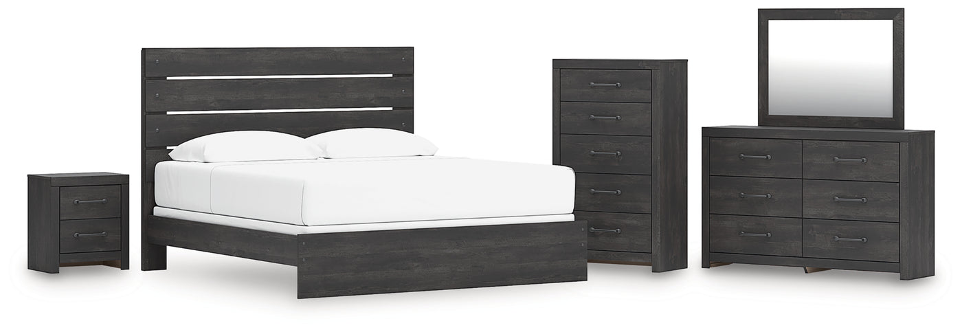 Hollivern King Panel Bed, Dresser, Mirror, Chest and Nightstand