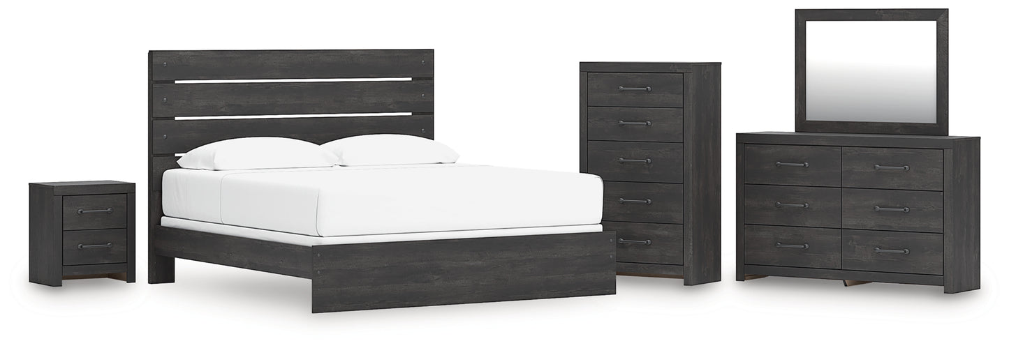 Hollivern King Panel Bed, Dresser, Mirror, Chest and Nightstand
