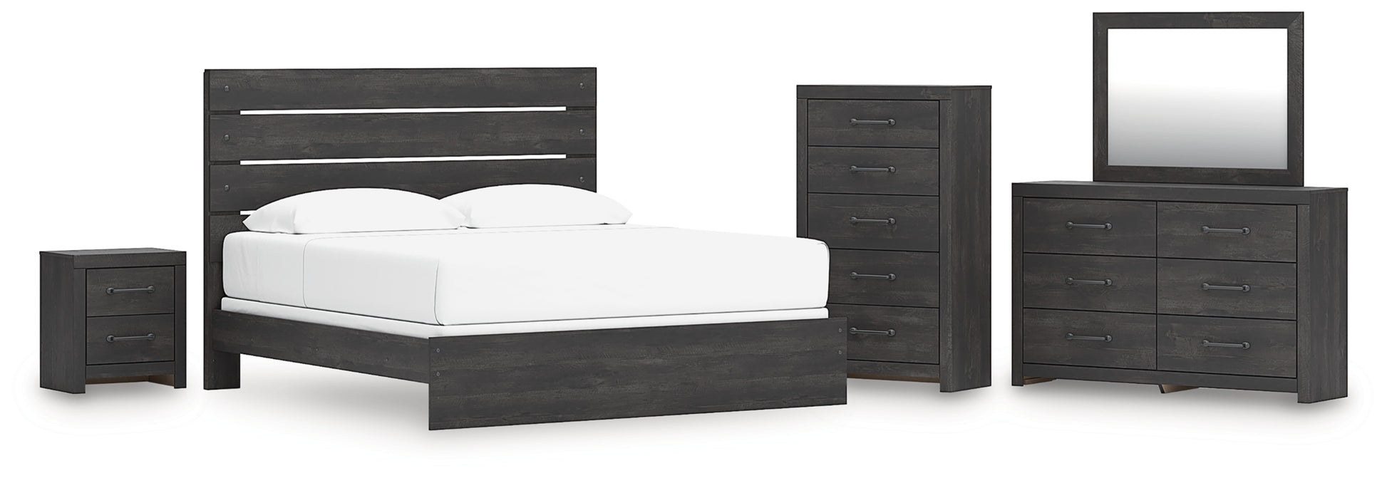 Hollivern King Panel Bed, Dresser, Mirror, Chest and Nightstand