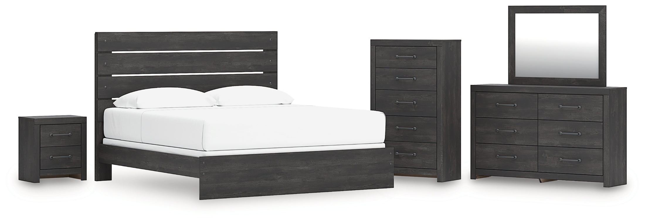 Hollivern King Panel Bed, Dresser, Mirror, Chest and Nightstand