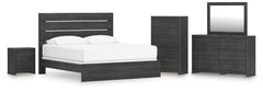 Hollivern King Panel Bed, Dresser, Mirror, Chest and Nightstand