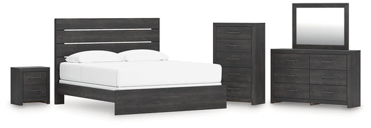 Hollivern King Panel Bed, Dresser, Mirror, Chest and Nightstand
