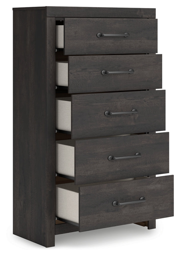 Hollivern King Panel Bed, Dresser, Mirror and Chest