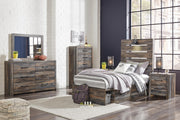 Drystan Twin Panel Bed with 4 Storage Drawers, Dresser, Mirror and Chest