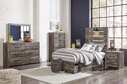 Drystan Twin Panel Bed with 4 Storage Drawers, Dresser, Mirror and Chest