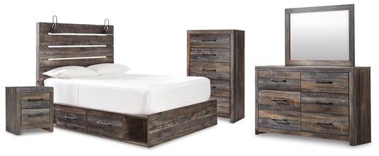 Drystan Queen Panel Bed with 2 Storage Drawers, Dresser, Mirror, Chest and Nightstand
