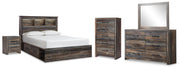 Drystan Queen Bookcase Bed with 2 Storage Drawers, Dresser, Mirror, Chest and Nightstand